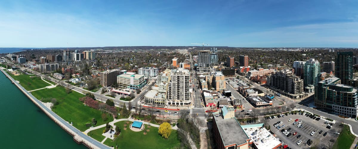 Aerial panorama of Burlington in Ontario, Canada by the lake