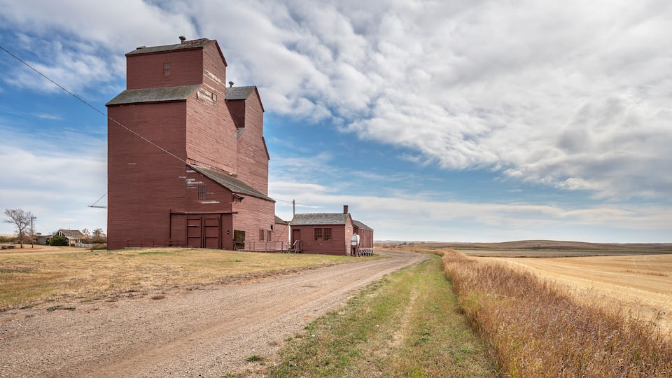 A large red grain elevator in a rural landscape with a dirt road leading to it.