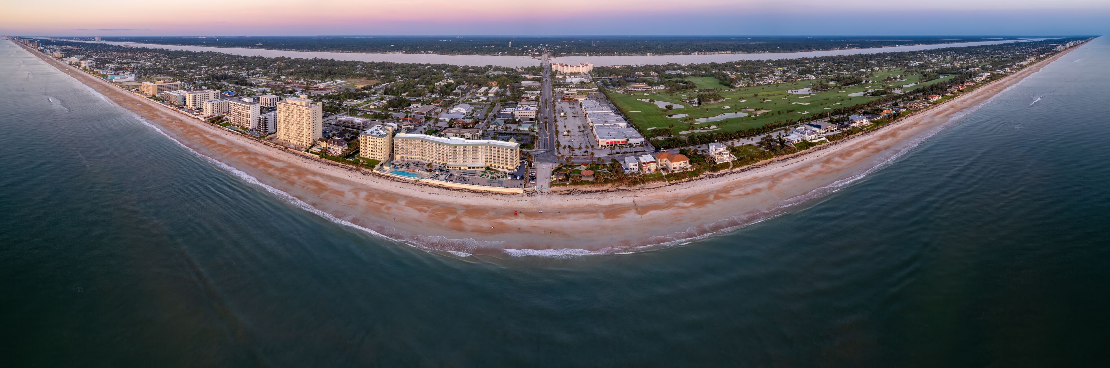 Aerial drone panoramic photo of the beach in Ormond Beach, Florida