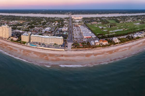 Aerial drone panoramic photo of the beach in Ormond Beach, Florida