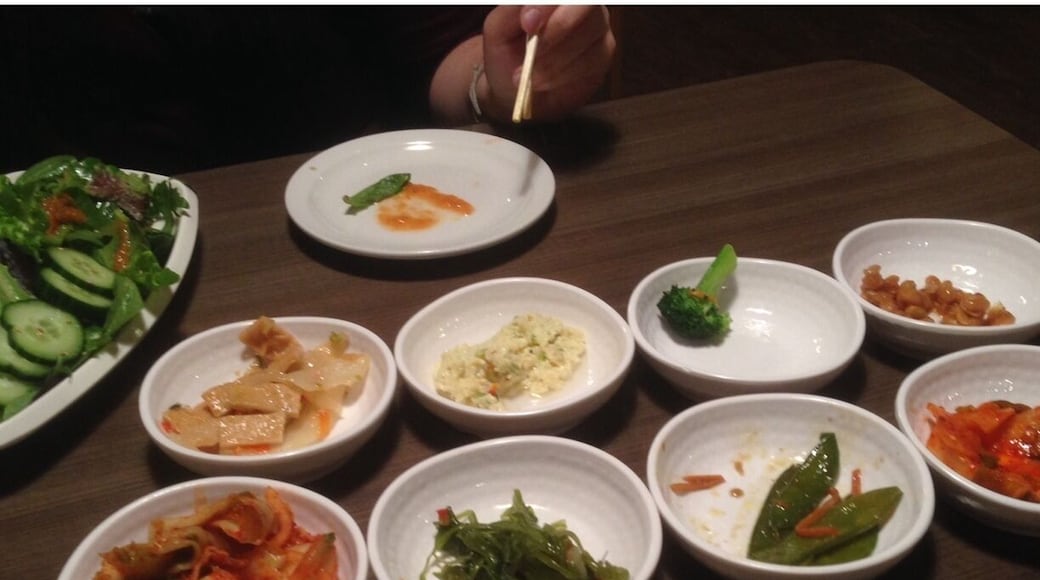 Banchan! This is the first time I'm trying this so I can't really compare it to other places. The food was great as was the service. The waitress we had was sooo sweet. She kept checking in on is and giving us pointers on how to eat and mix things. I asked her all about Korea and she was very happy chat with us.