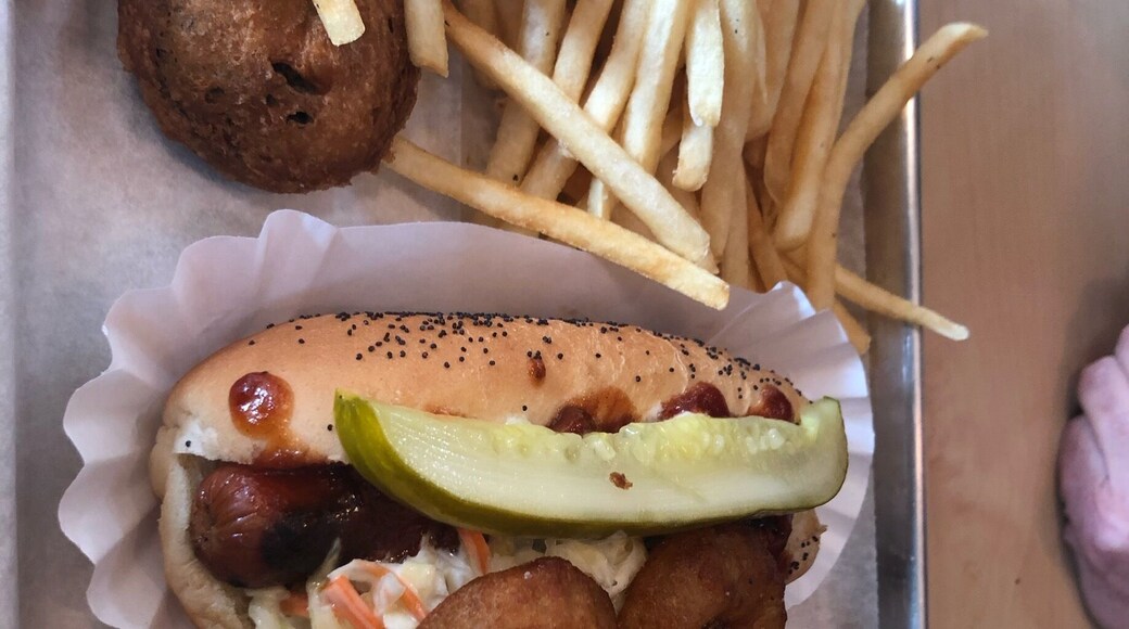 I LOVE their DC Half Smoke (not pictured). Pictured is the Long Horn and Detroit Coney Classic. This place is amazing. So many gourmet franks to choose from. You can put a turkey dog, veggie dog, polish, Wagyu, or Kobe, or plain frank in any of their choices. You can even build your own now and they have fried Oreos!