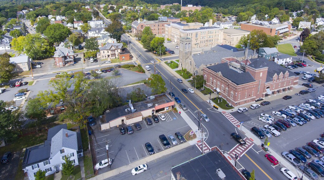 Aerial view of Framingham downtown including Police Department, New Life Presbyterian Community Church, and Danforth Museum in Framingham, Massachusetts, USA.