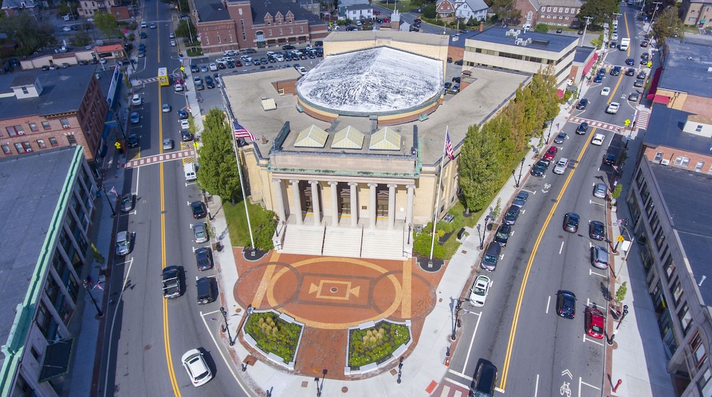 Framingham City Hall aerial view in downtown Framingham, Massachusetts, USA.