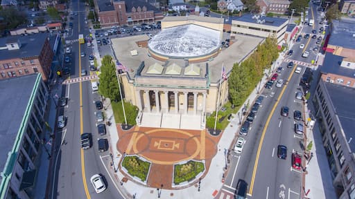 Framingham City Hall aerial view in downtown Framingham, Massachusetts, USA.