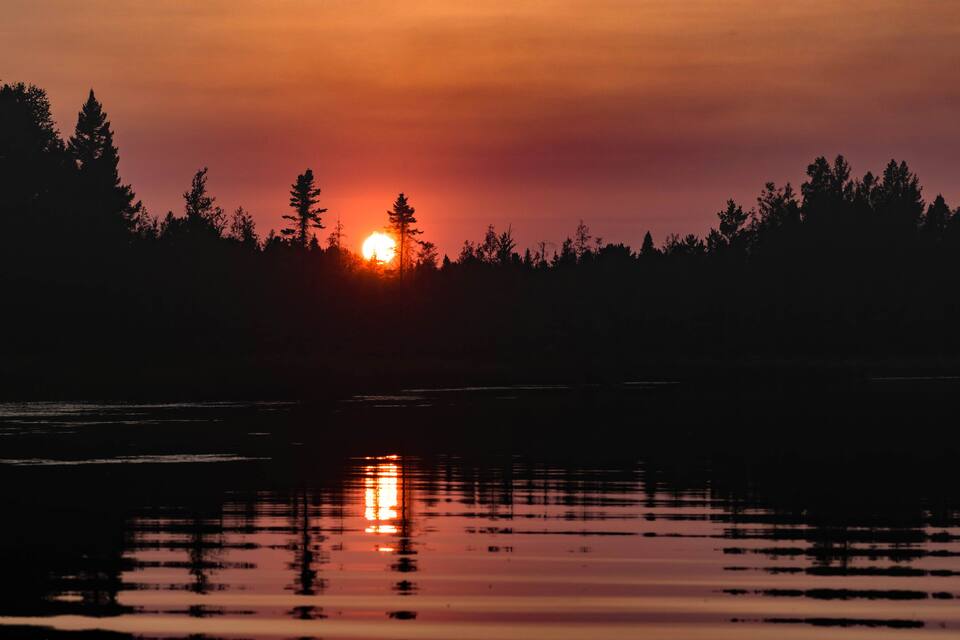 Un coucher de soleil sur une zone boisée, le ciel se reflétant dans une étendue d’eau.