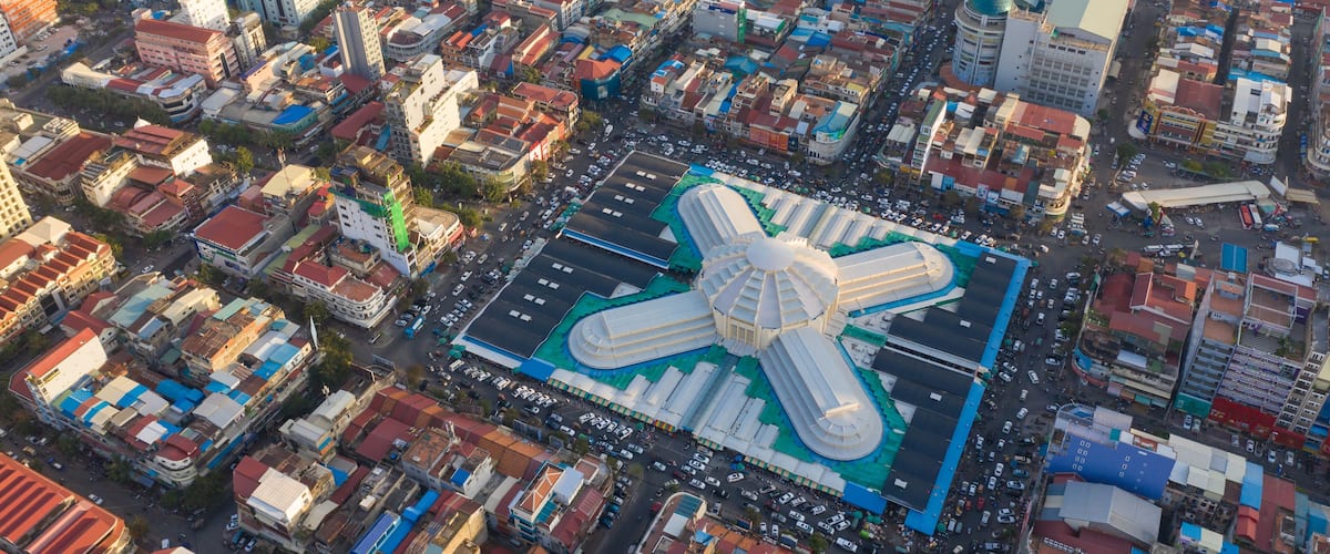 Phnom Penh Central Market in the sunset with beautiful landscape by drone