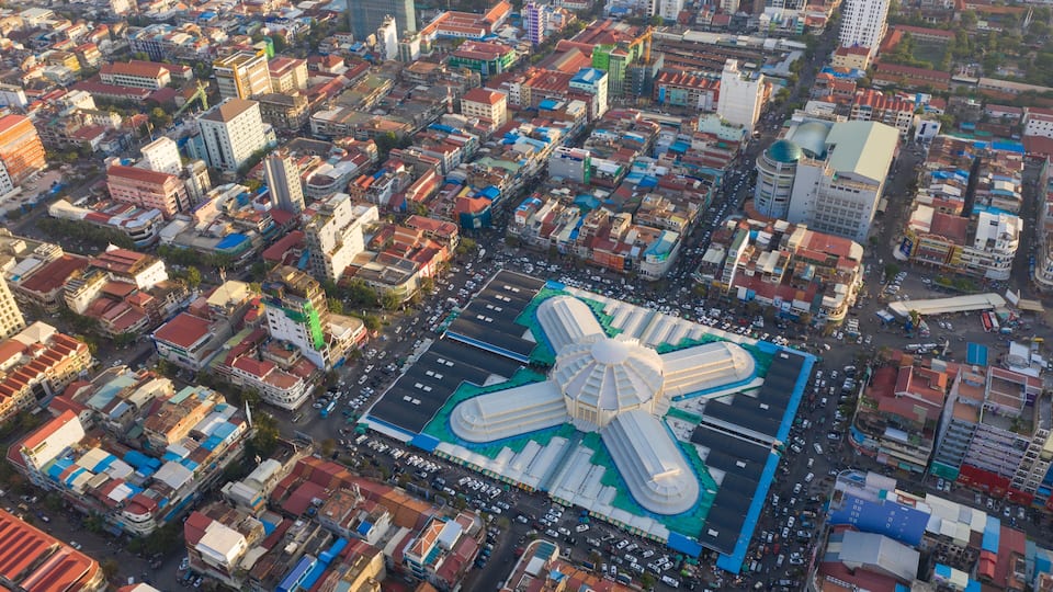 Phnom Penh Central Market in the sunset with beautiful landscape by drone