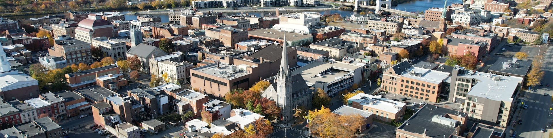 Aerial view of Troy, NY on a sunny day with clear skies