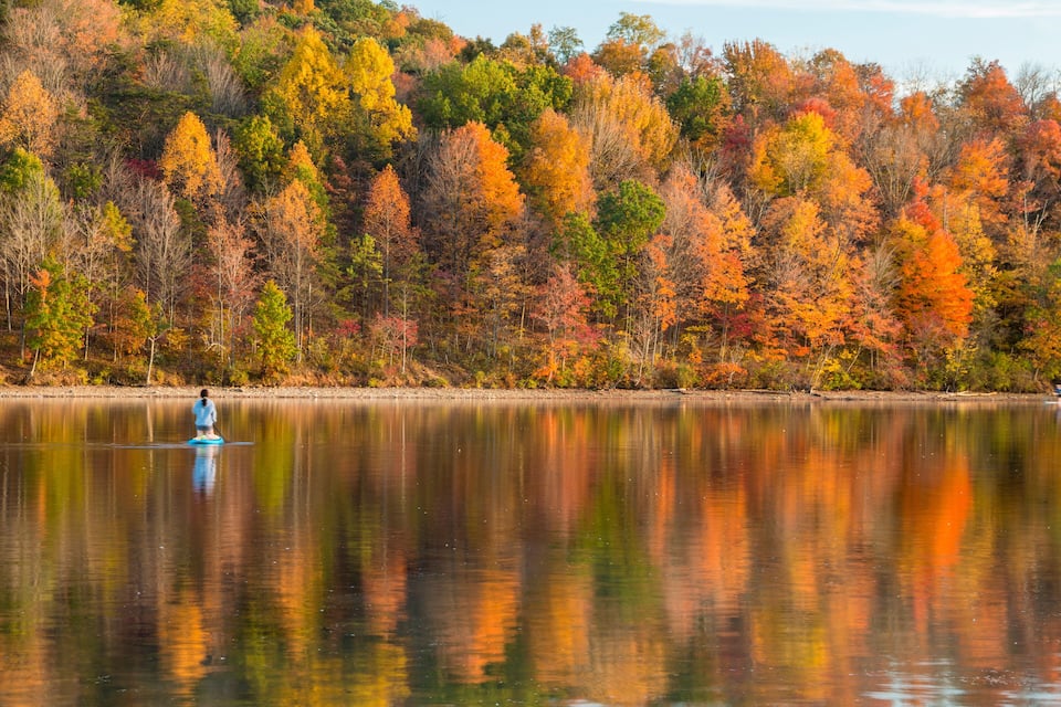 A calm lake with a person paddleboarding, surrounded by autumn-colored trees.