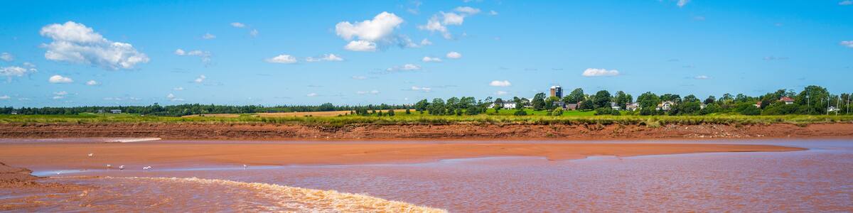 Tidal Bore at Fundy Discovery Site in Truro with oceanside tides traveling upstream on the Salmon River in Nova Scotia, Canada