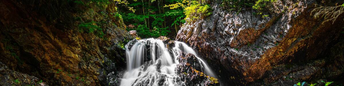 Une cascade d’eau qui dévale des rochers dans une zone boisée.