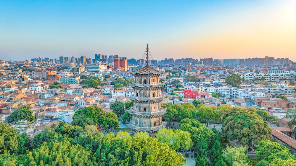 Aerial photography of the East and West Twin Towers of Kaiyuan Temple and West Street of Quanzhou City, Quanzhou City, Fujian Province, China