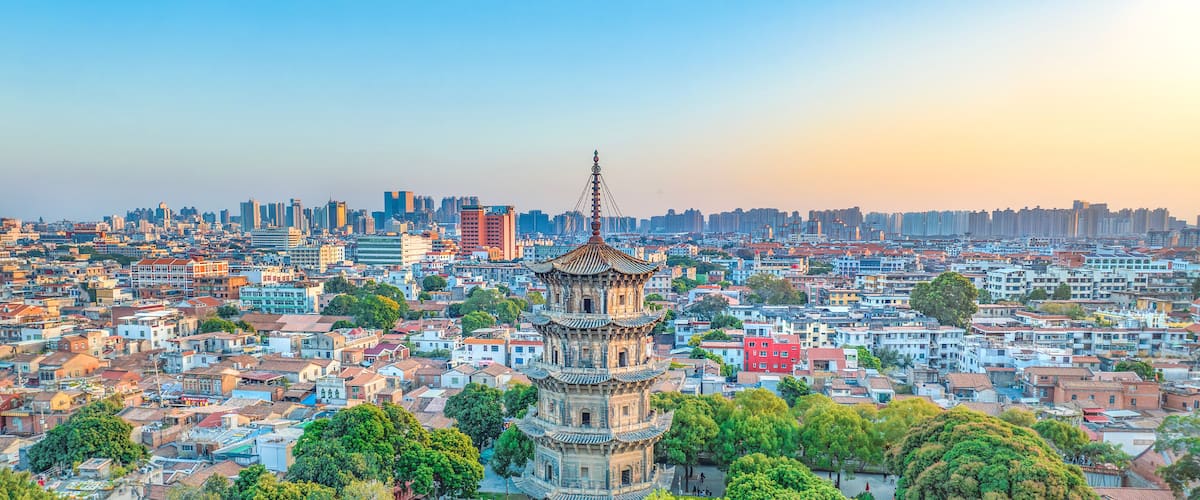 Aerial photography of the East and West Twin Towers of Kaiyuan Temple and West Street of Quanzhou City, Quanzhou City, Fujian Province, China