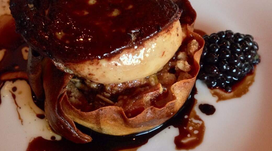 Beautiful restaurant in downtown Buffalo. This is fois gras on a dark berry tart. Melts in your mouth.