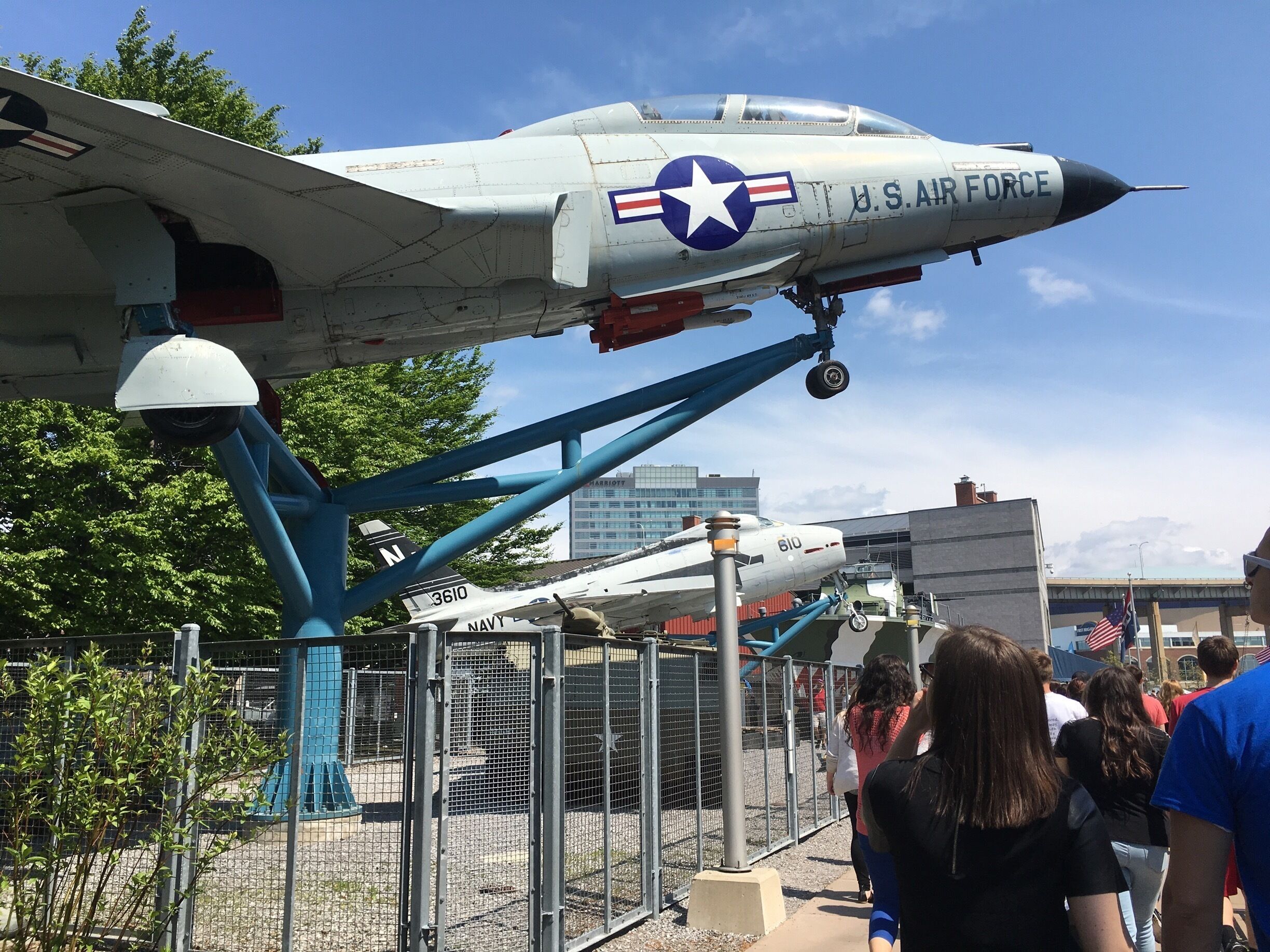 Marina with couple planes, Submarines, Attack boats, and other military ships. Can also get a tour of some of the ships for a price. Great for a walk on a hot day as you feel a breeze from the water. 
Also a large field along marina filled with wooden lawn chairs to relax in and enjoy.