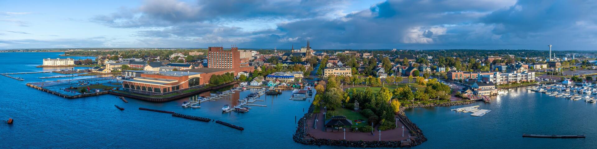 A panorama view in the morning from a ship over the town of Charlottetown, Prince Edward Island, Canada in the fall