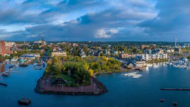 A panorama view in the morning from a ship over the town of Charlottetown, Prince Edward Island, Canada in the fall