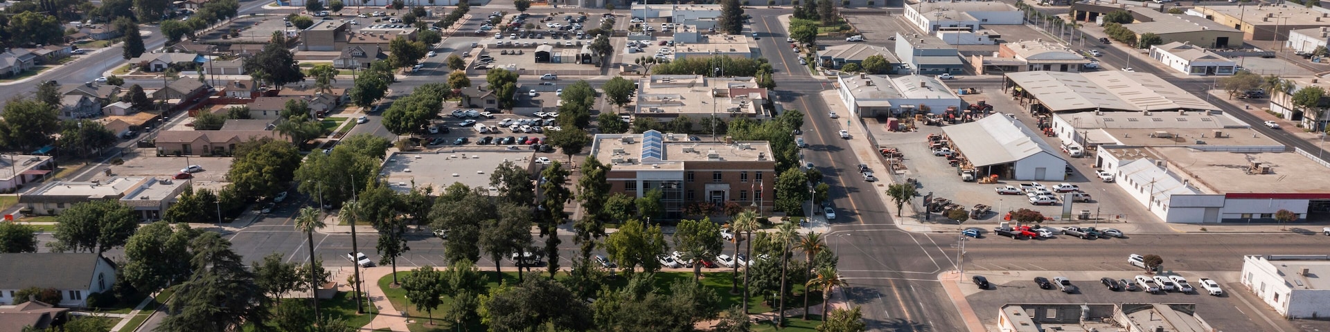 Morning aerial view of the downtown area of Tulare, California, USA.