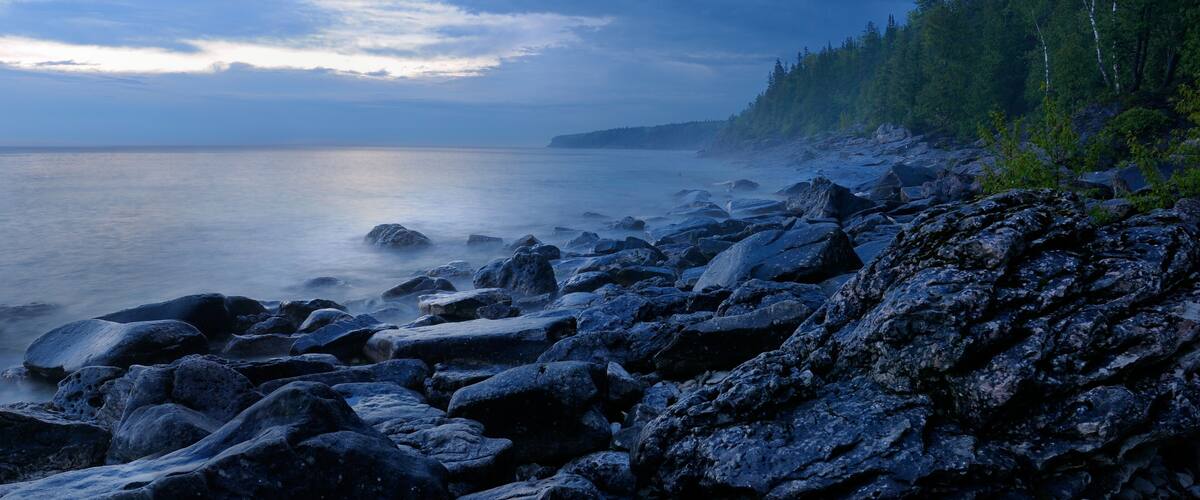A rocky shoreline with a forested area and a calm sea.