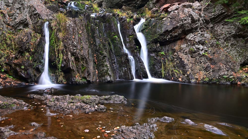 Une cascade d’eau claire dévalant un terrain rocheux, entourée d’une végétation luxuriante.