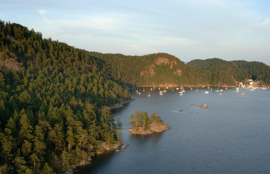 Aerial photo of Poets Cove Resort & Spa and the anchorage at Beaumont Marine Park in Bedwell Harbour, South Pender Island, British Columbia, Canada