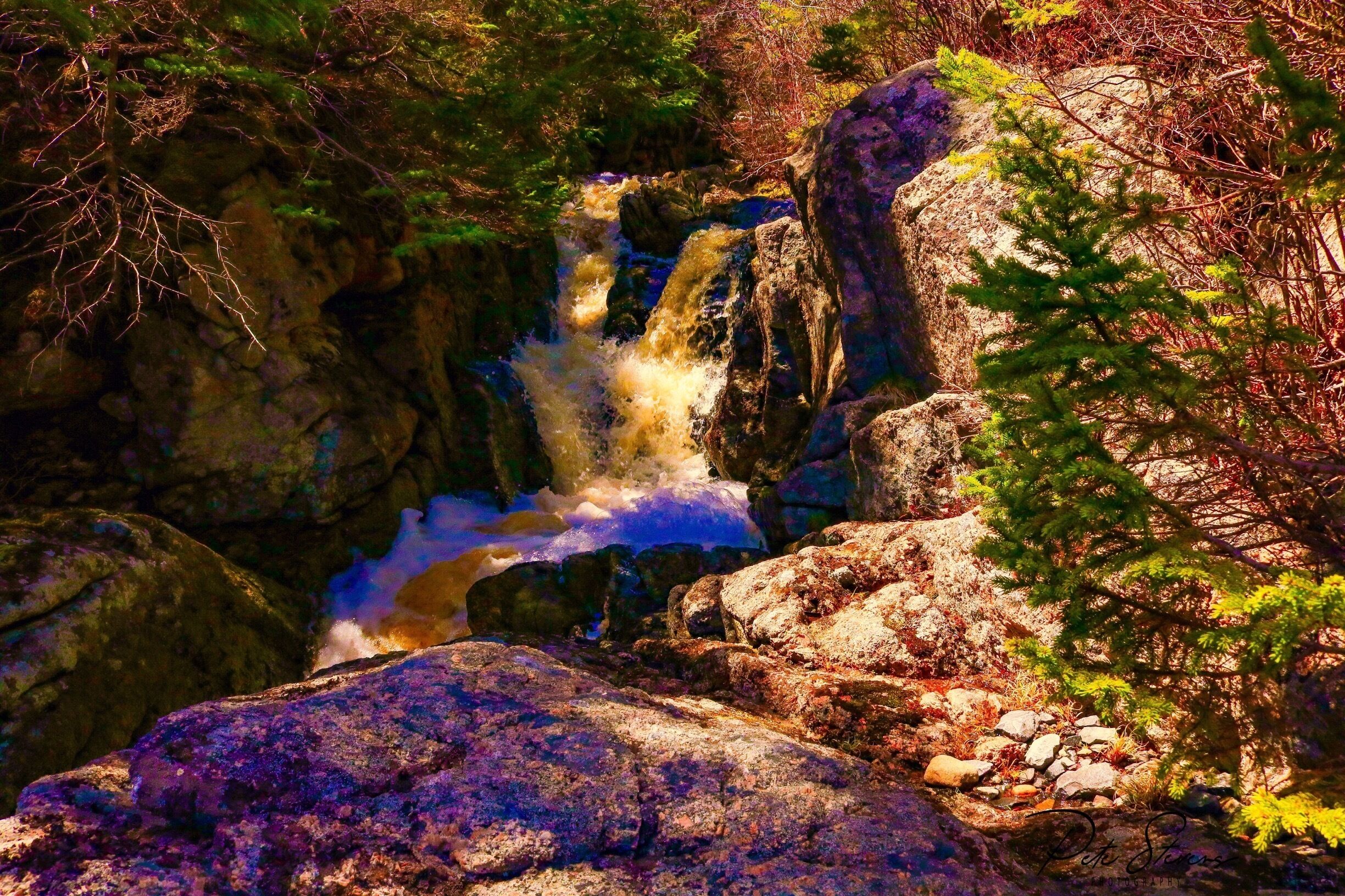 A waterfall cascading over rocks in a forested area.