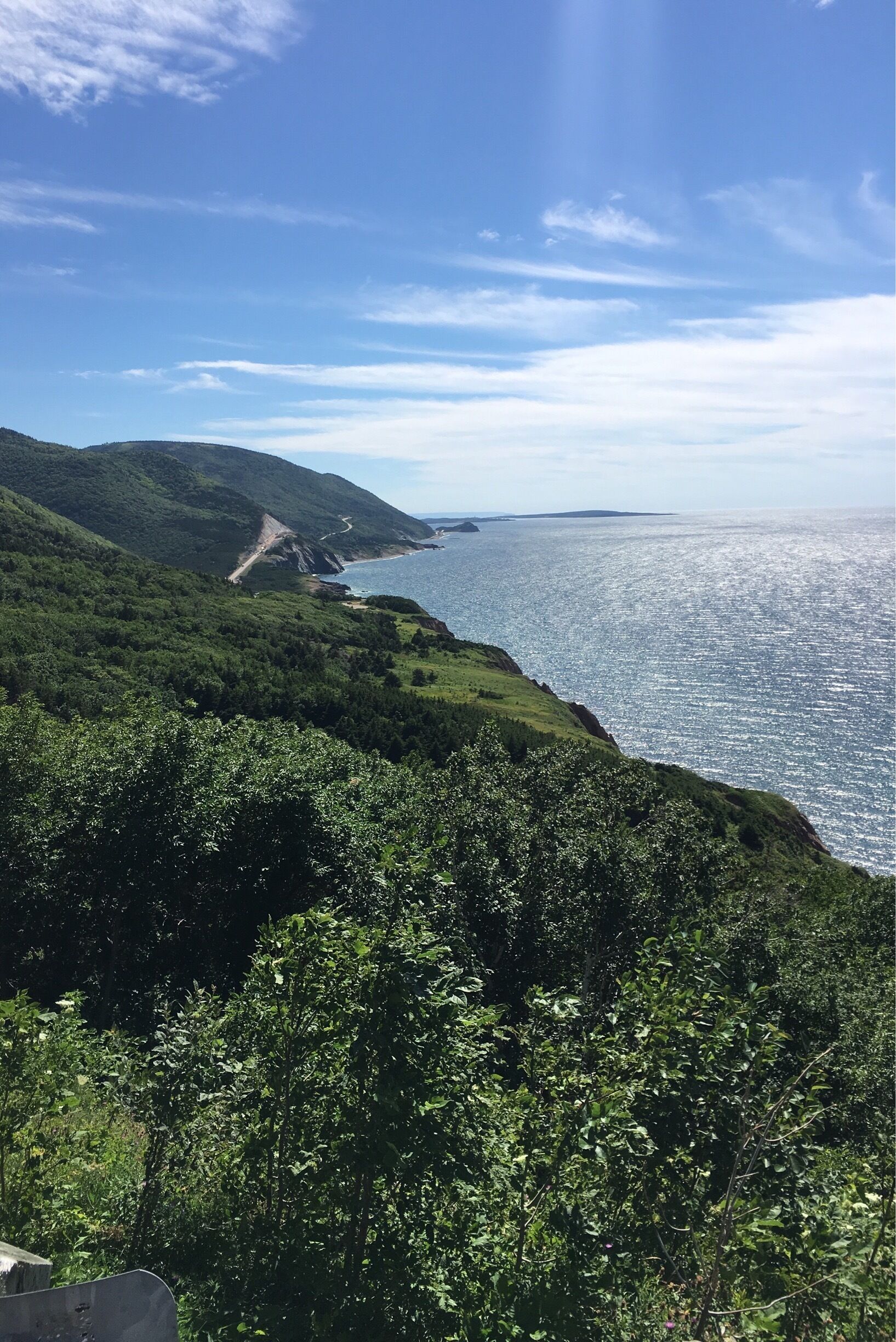 A coastal landscape with lush green hills and a winding road leading to the sea.