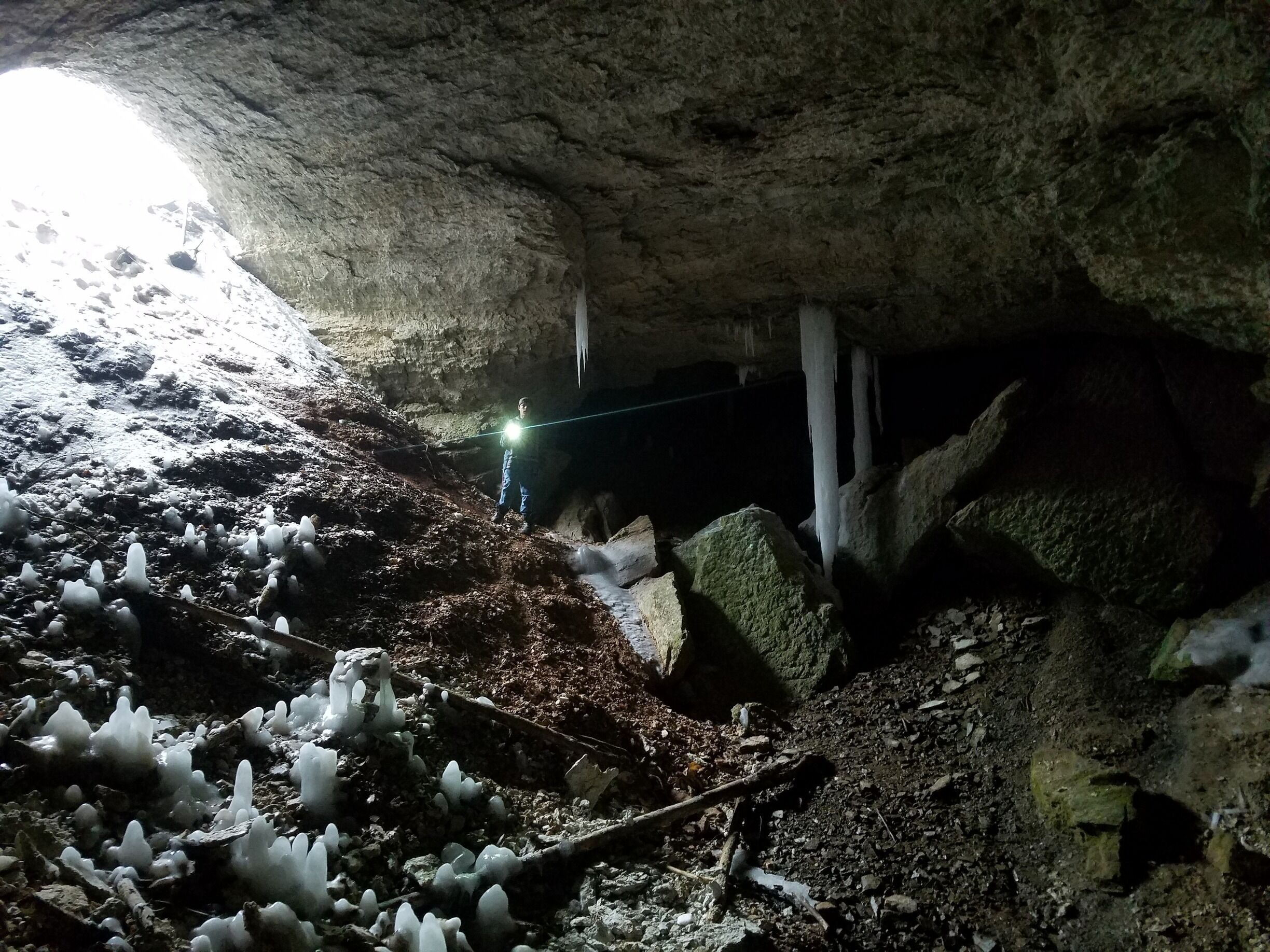 Very cool cavern out in the woods really need to look for it as the opening is small but huge inside
