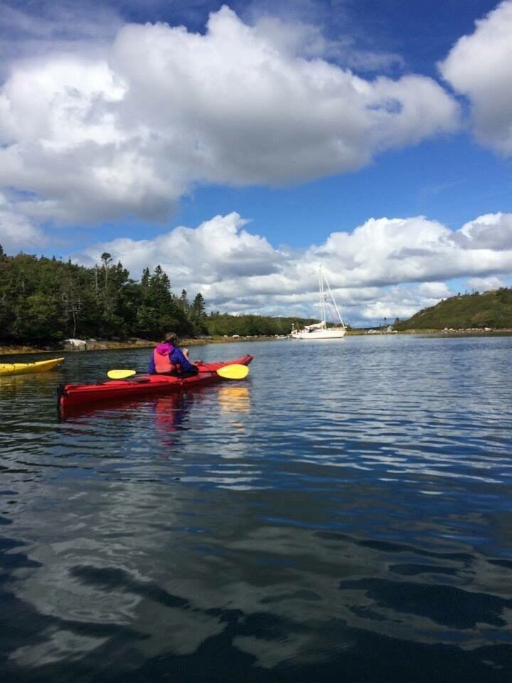A person kayaking on calm water with a sailboat in the background and a forested shoreline.