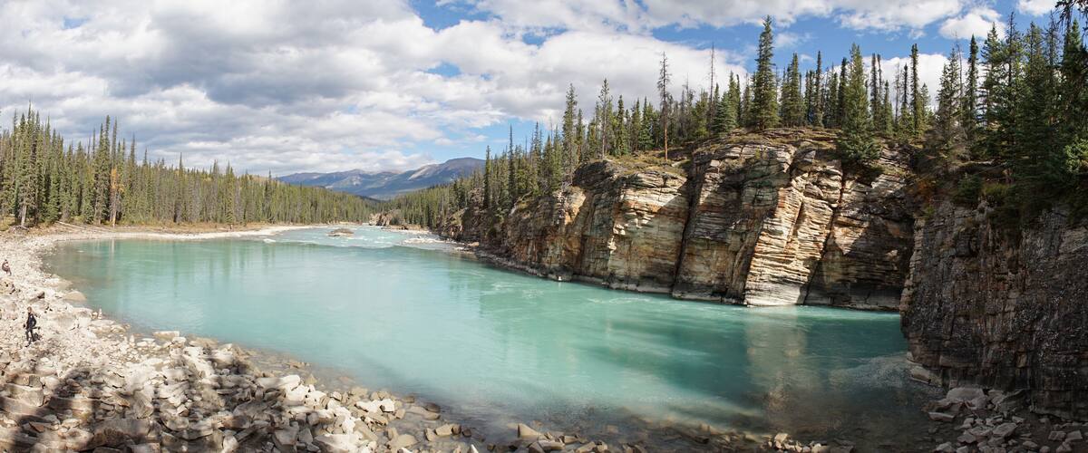 A turquoise river flowing through a rocky canyon with dense forests and mountains in the background.