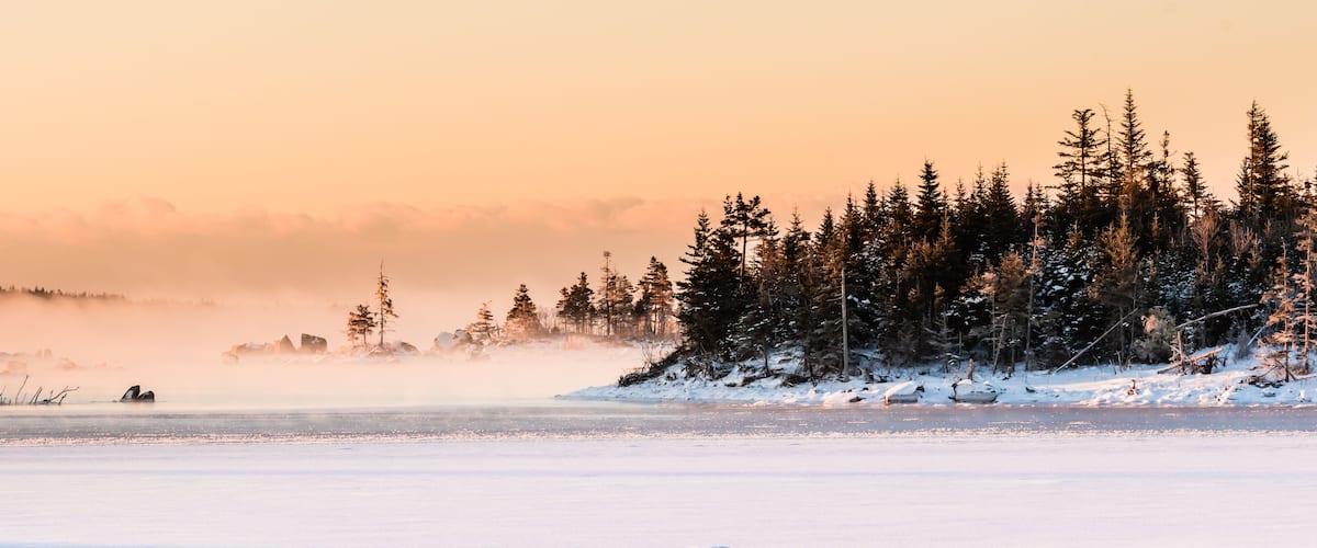 Ein gefrorener See mit schneebedeckten Bäumen und Eisbergen im Vordergrund.