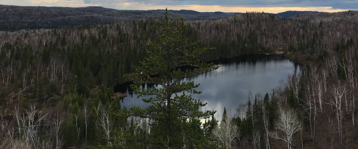A lake surrounded by dense forest and distant hills under a cloudy sky.