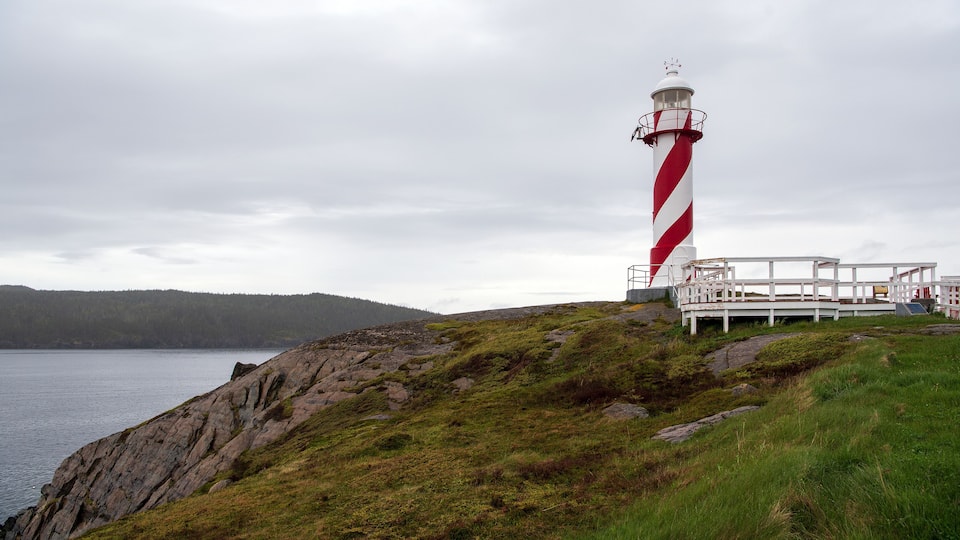 A lighthouse with a red and white striped pattern, situated on a grassy hill overlooking a body of water.
