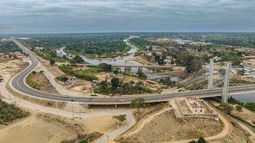 Aerial of the bridge over Catumbela, Benguela, Angola