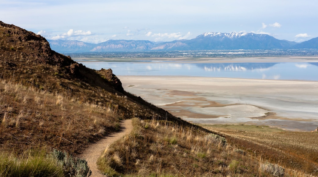 Un paysage montagneux avec un sentier bien dĂ©fini menant Ă un lac paisible oĂč se reflĂštent les montagnes.