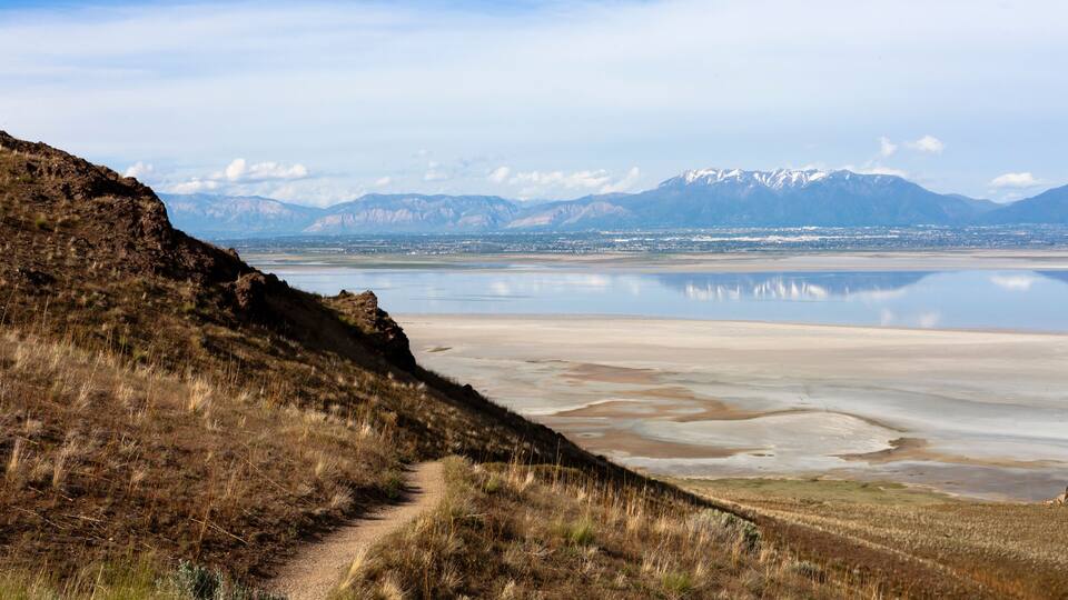 A mountainous landscape with a clear path leading to a calm lake reflecting the mountains.