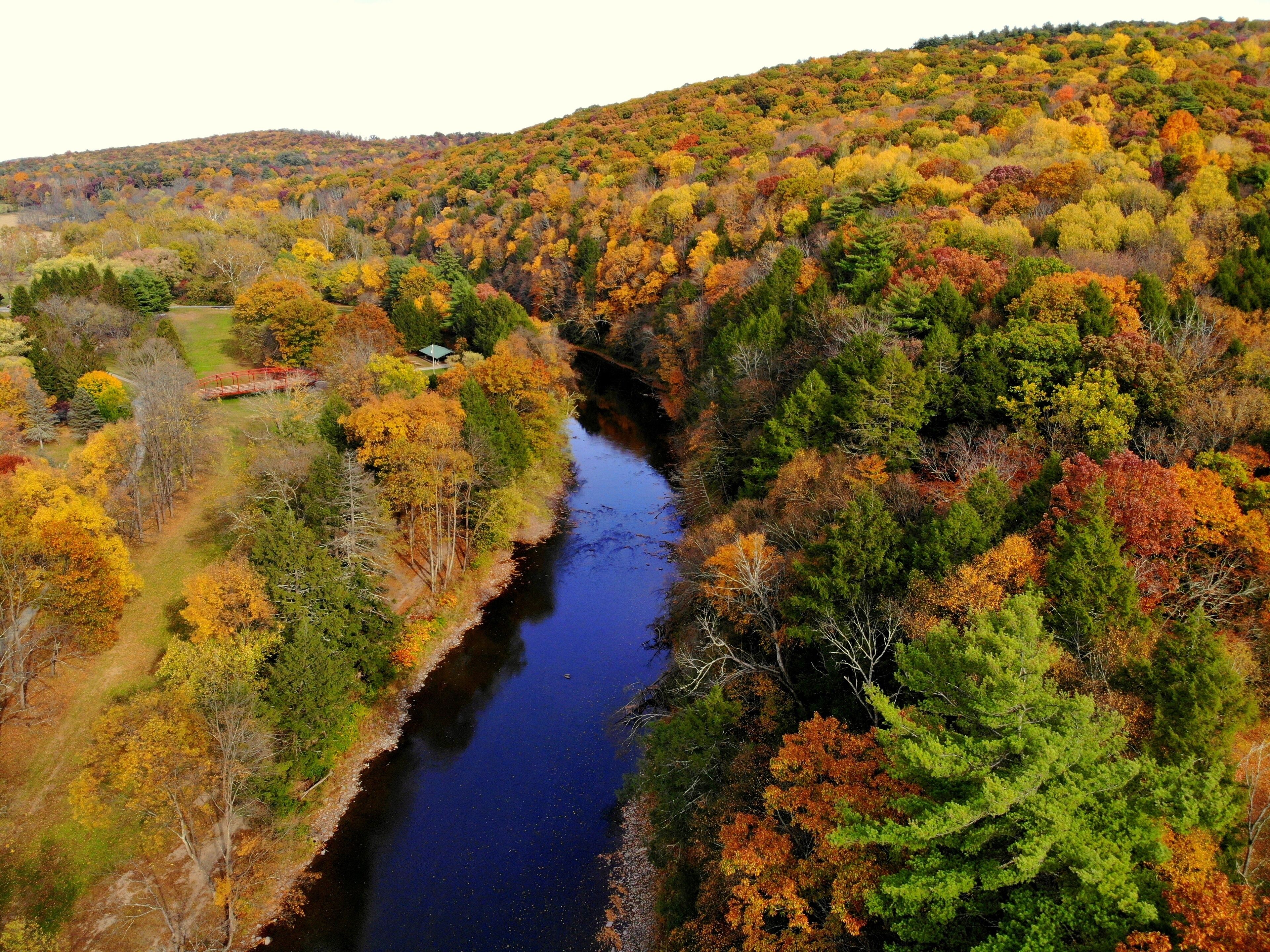 The aerial view of the striking colors of fall foliage by the river near Tunkhannock, Pennsylvania, U.S