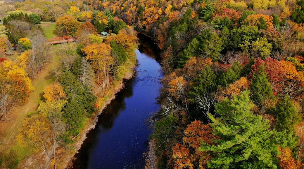 The aerial view of the striking colors of fall foliage by the river near Tunkhannock, Pennsylvania, U.S