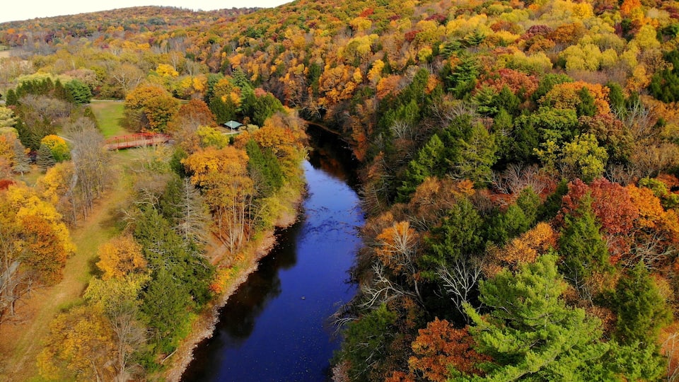 A river winding through a forested valley with autumn foliage.