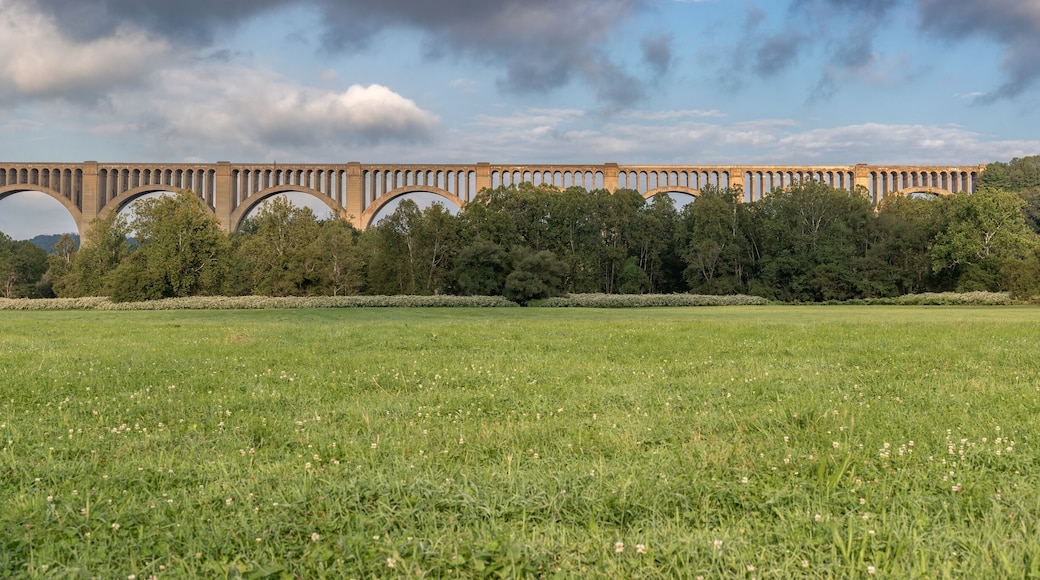 The Tunkhannock Viaduct, or Nicholson Bridge, located in Nicholson, PA in Wyoming County towers over the natural landscape in this September 2019 panoramic photograph.