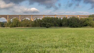 The Tunkhannock Viaduct, or Nicholson Bridge, located in Nicholson, PA in Wyoming County towers over the natural landscape in this September 2019 panoramic photograph.