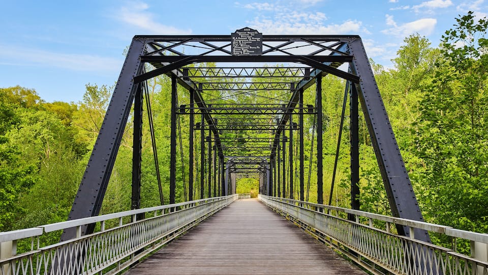 A steel bridge with a wooden walkway surrounded by lush greenery.