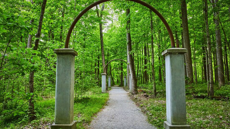 A forest path with a metal archway supported by concrete pillars.