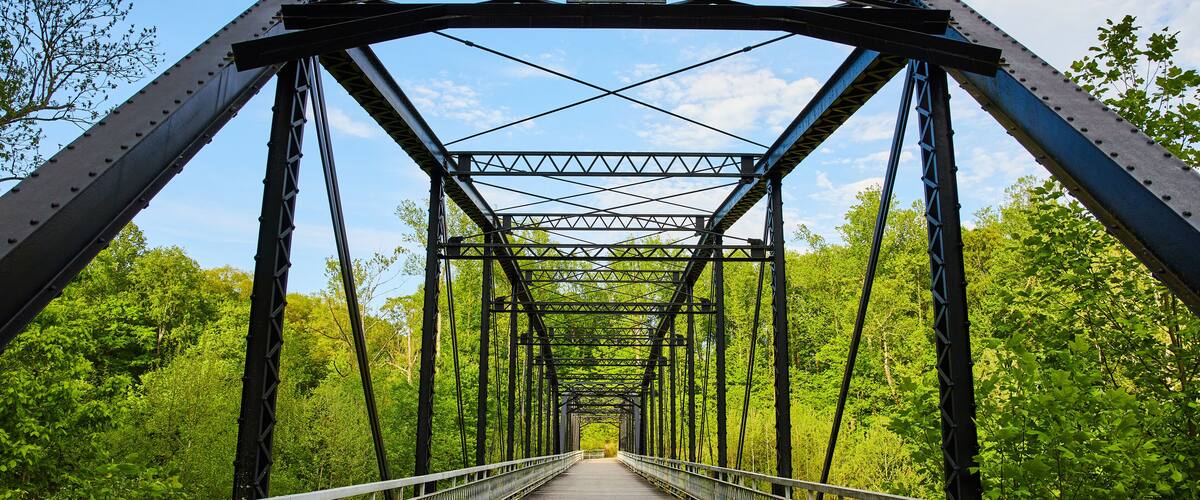 Lush, green forest wall behind large dark metal bridge, black beams, blue sky, woodland background