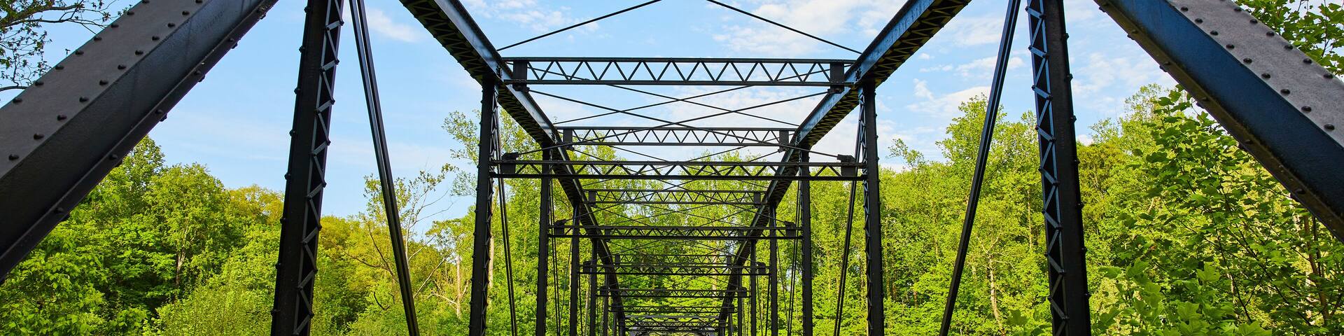 Lush, green forest wall behind large dark metal bridge, black beams, blue sky, woodland background