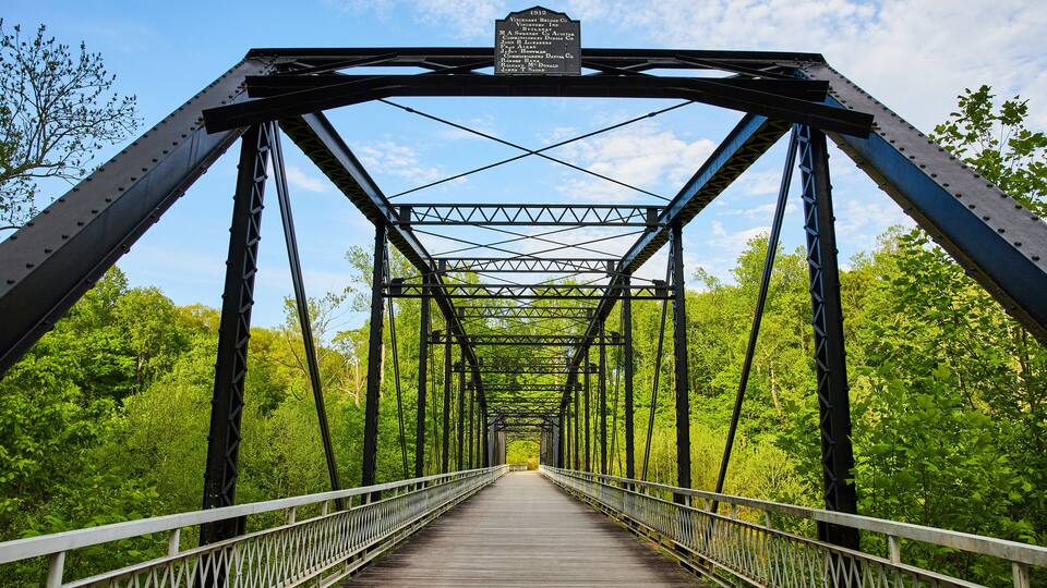 A steel bridge with a wooden walkway surrounded by lush green trees.