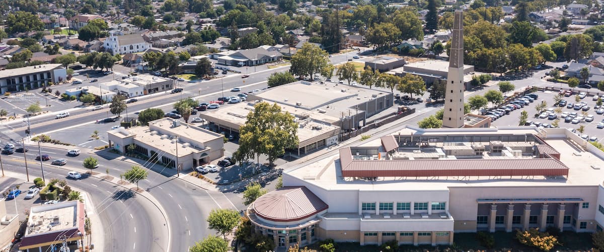 Daytime aerial view of the urban core of downtown Turlock, California, USA.