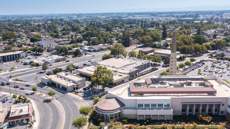 Daytime aerial view of the urban core of downtown Turlock, California, USA.