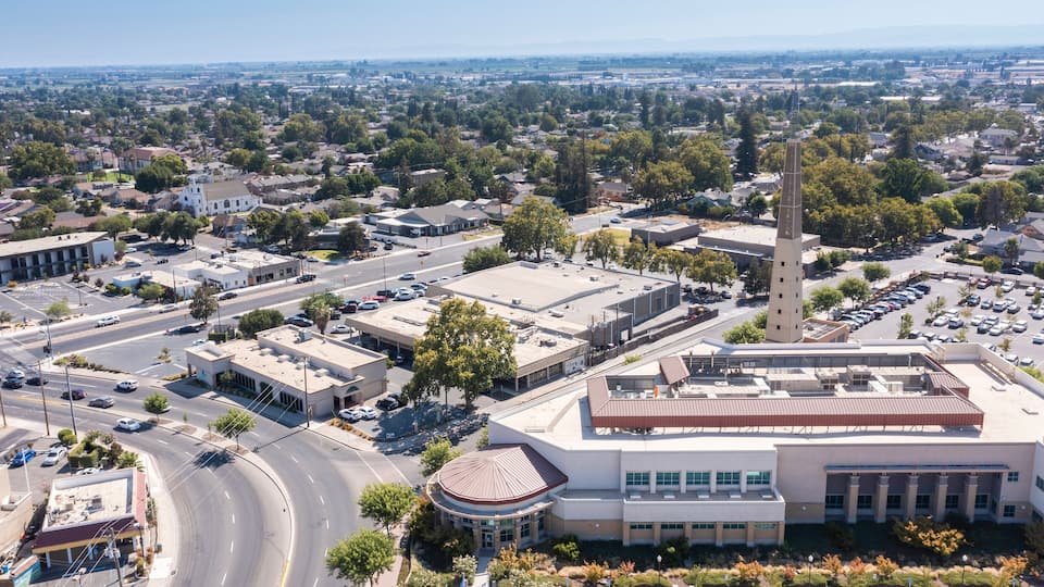 Daytime aerial view of the urban core of downtown Turlock, California, USA.